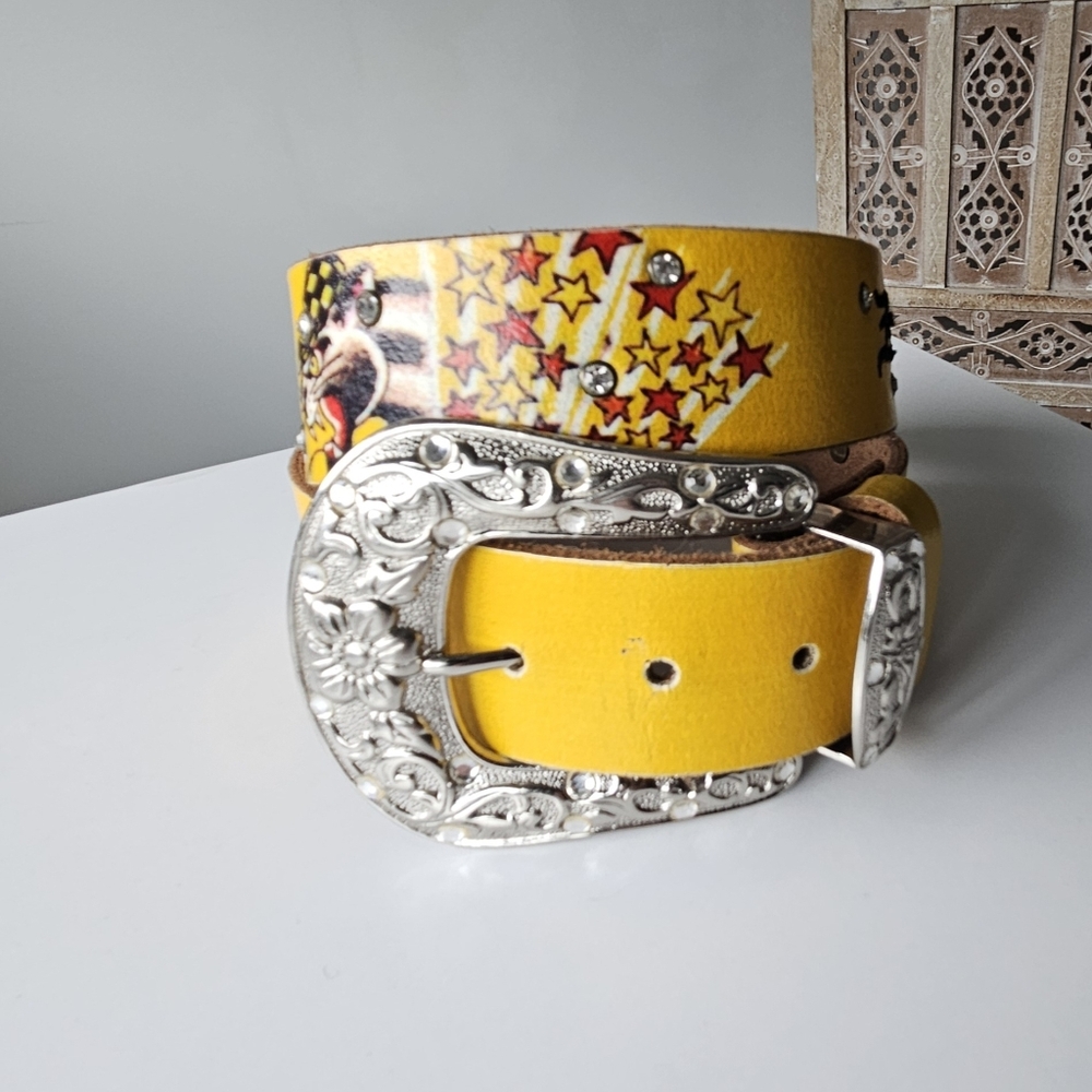 Ed Hardy Vintage Tattoo Mustard Yellow Death Or Glory Rinestone Leather Belt View 6